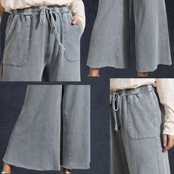 📌 EASEL "The Originals" Mineral Wash Wide Leg Drawstring Pants Pockets Raw Hems - Picture 11 of 15